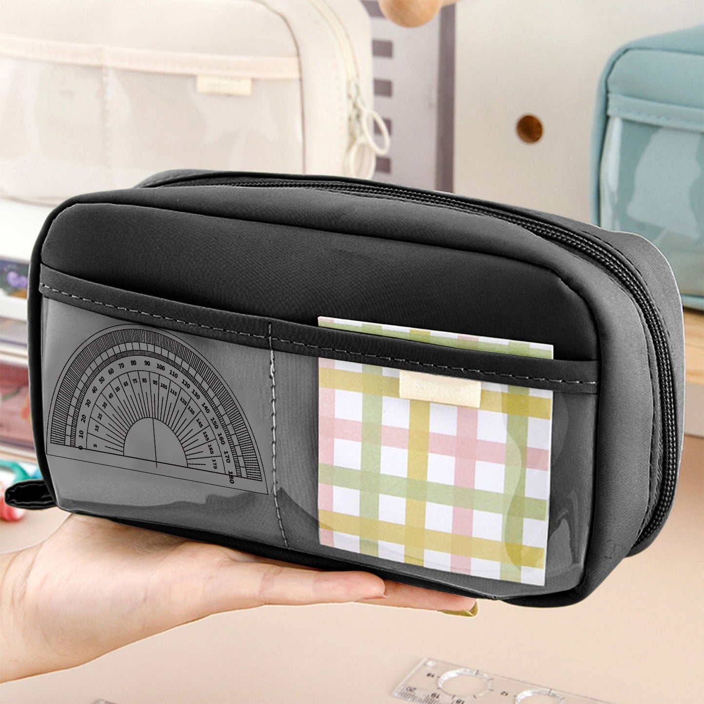 PALIFEUR Pencil Case Large Capacity Pencil Pouch, Multi-layer Aesthetic Pen Bag, Sturdy Multifunctional Pencil Bag, Pencil Box, Sky Blue Z-5-Black