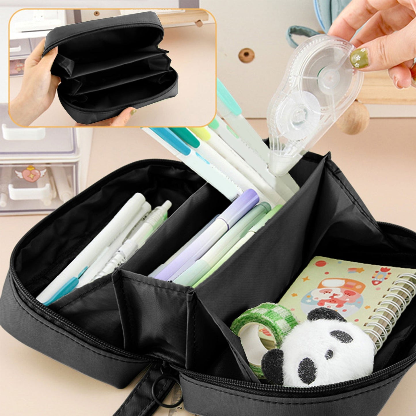 PALIFEUR Pencil Case Large Capacity Pencil Pouch, Multi-layer Aesthetic Pen Bag, Sturdy Multifunctional Pencil Bag, Pencil Box, Sky Blue Z-5-Black