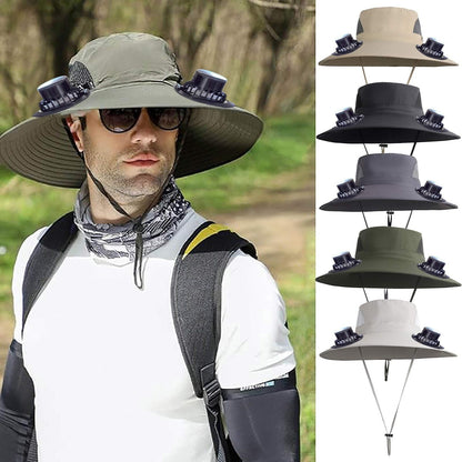 PALIFEUR Wide Brim Solar Fan Hat with 2 Solar Fan, Fan Built in Hat with Fans Solar Power, Solar Powered Fan Hat for Outdoor Fishing Travel, 3 Speed Adjustable Fan Hat Green