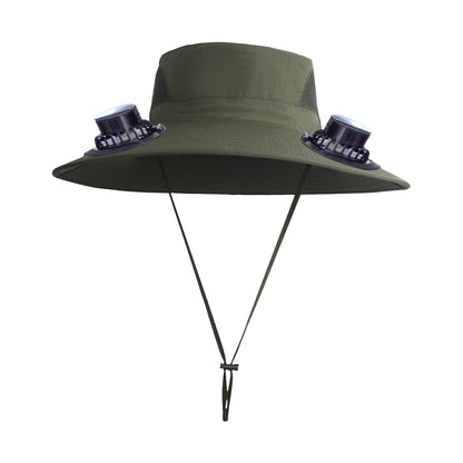 PALIFEUR Wide Brim Solar Fan Hat with 2 Solar Fan, Fan Built in Hat with Fans Solar Power, Solar Powered Fan Hat for Outdoor Fishing Travel, 3 Speed Adjustable Fan Hat Green