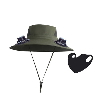 PALIFEUR Wide Brim Solar Fan Hat with 2 Solar Fan, Fan Built in Hat with Fans Solar Power, Solar Powered Fan Hat for Outdoor Fishing Travel, 3 Speed Adjustable Fan Hat Green