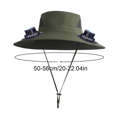 PALIFEUR Wide Brim Solar Fan Hat with 2 Solar Fan, Fan Built in Hat with Fans Solar Power, Solar Powered Fan Hat for Outdoor Fishing Travel, 3 Speed Adjustable Fan Hat Green