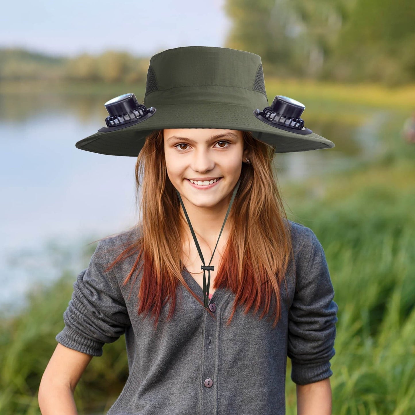 PALIFEUR Wide Brim Solar Fan Hat with 2 Solar Fan, Fan Built in Hat with Fans Solar Power, Solar Powered Fan Hat for Outdoor Fishing Travel, 3 Speed Adjustable Fan Hat Green