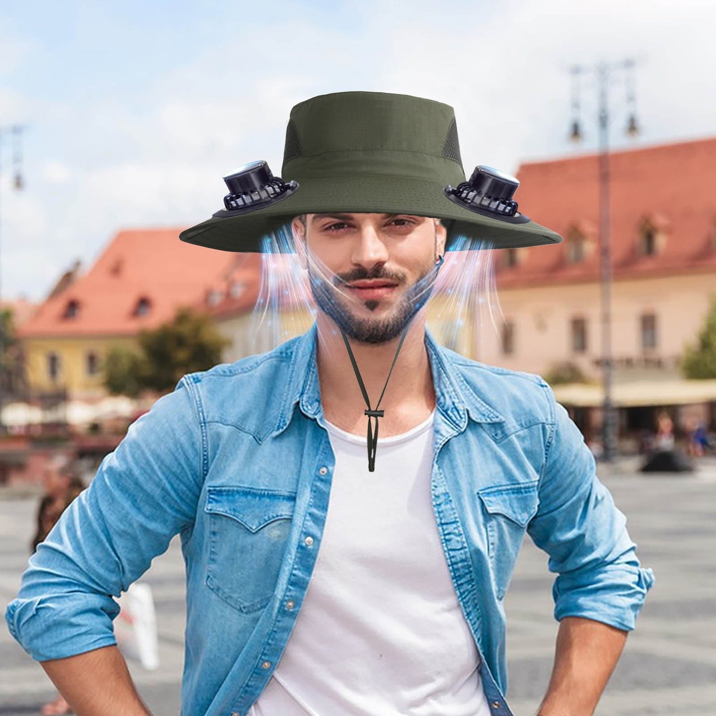 PALIFEUR Wide Brim Solar Fan Hat with 2 Solar Fan, Fan Built in Hat with Fans Solar Power, Solar Powered Fan Hat for Outdoor Fishing Travel, 3 Speed Adjustable Fan Hat Green