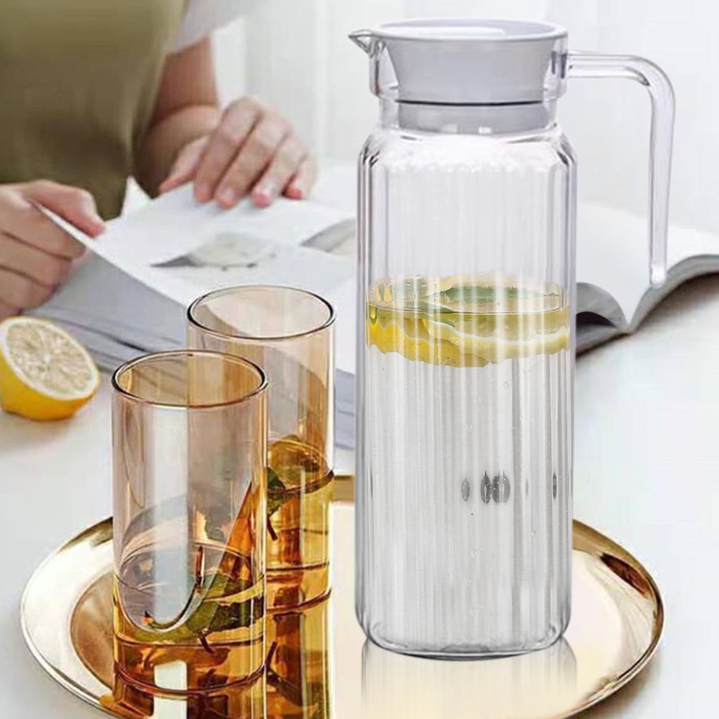 PALIFEUR Water Pitcher with Lid, 2 L Plastic Pitcher for Tea & Juice Water, Hot/Cold Water Jug, Tea Pitcher, Juice Pitcher, 13.5 x 7.2 x 4.7 Inch Z-3-Clear