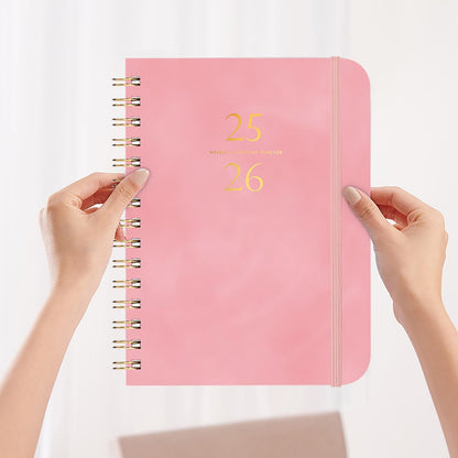 Xuniizn Academic Planner 2025-2026, Daily, Weekly & Monthly Planner, Journaling Notebooks for Work, Spiral Notebook, Twin-Wire Binding Day and Weekly Agenda for Work, Daily Planner Pink