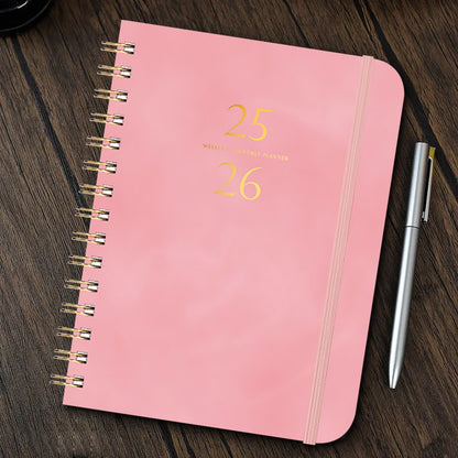 Xuniizn Academic Planner 2025-2026, Daily, Weekly & Monthly Planner, Journaling Notebooks for Work, Spiral Notebook, Twin-Wire Binding Day and Weekly Agenda for Work, Daily Planner Pink