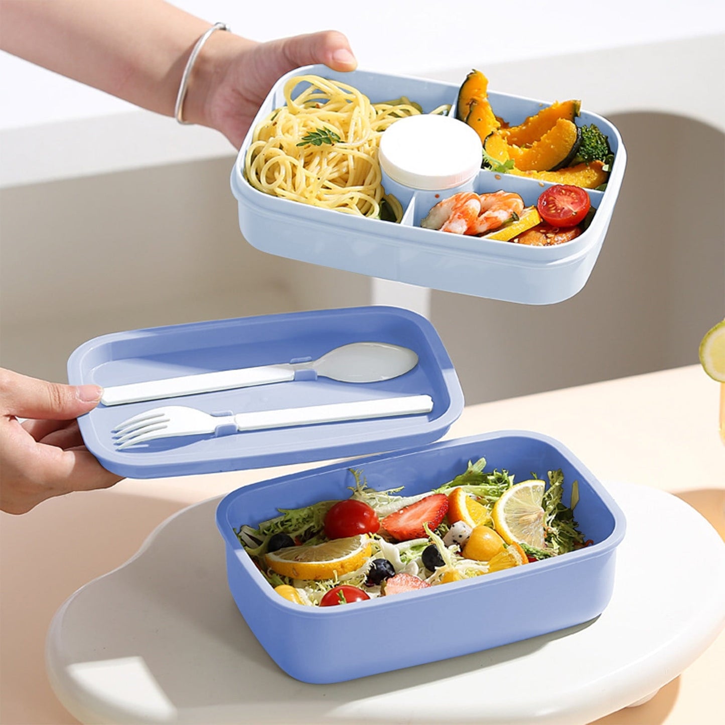 Xuniizn Bento Box Adult Lunch Box, Containers for Adults Men Women, Lunchable Food Container with Utensils, Sauce Jar, Muffin Liners, Microwave & Dishwasher Safe Blue#5