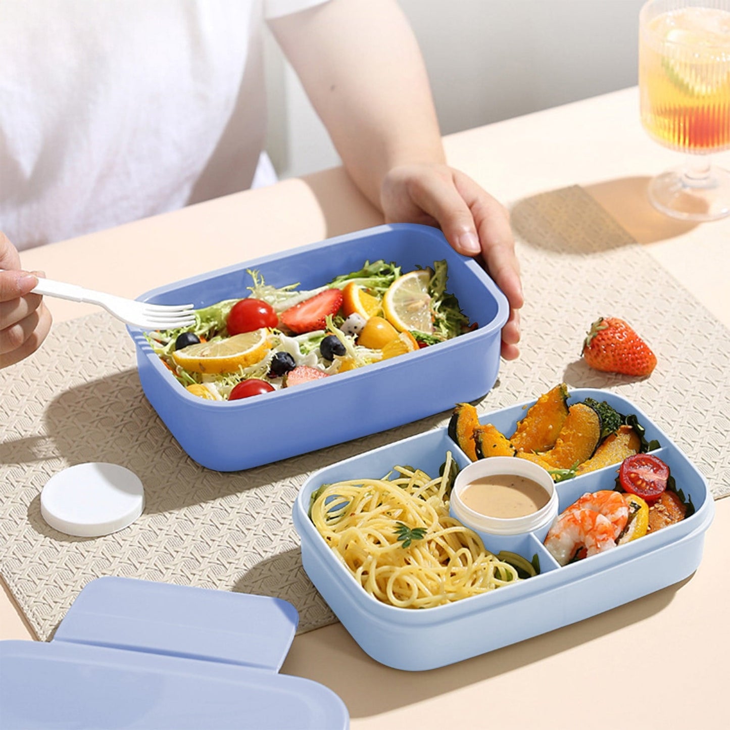 Xuniizn Bento Box Adult Lunch Box, Containers for Adults Men Women, Lunchable Food Container with Utensils, Sauce Jar, Muffin Liners, Microwave & Dishwasher Safe Blue#5