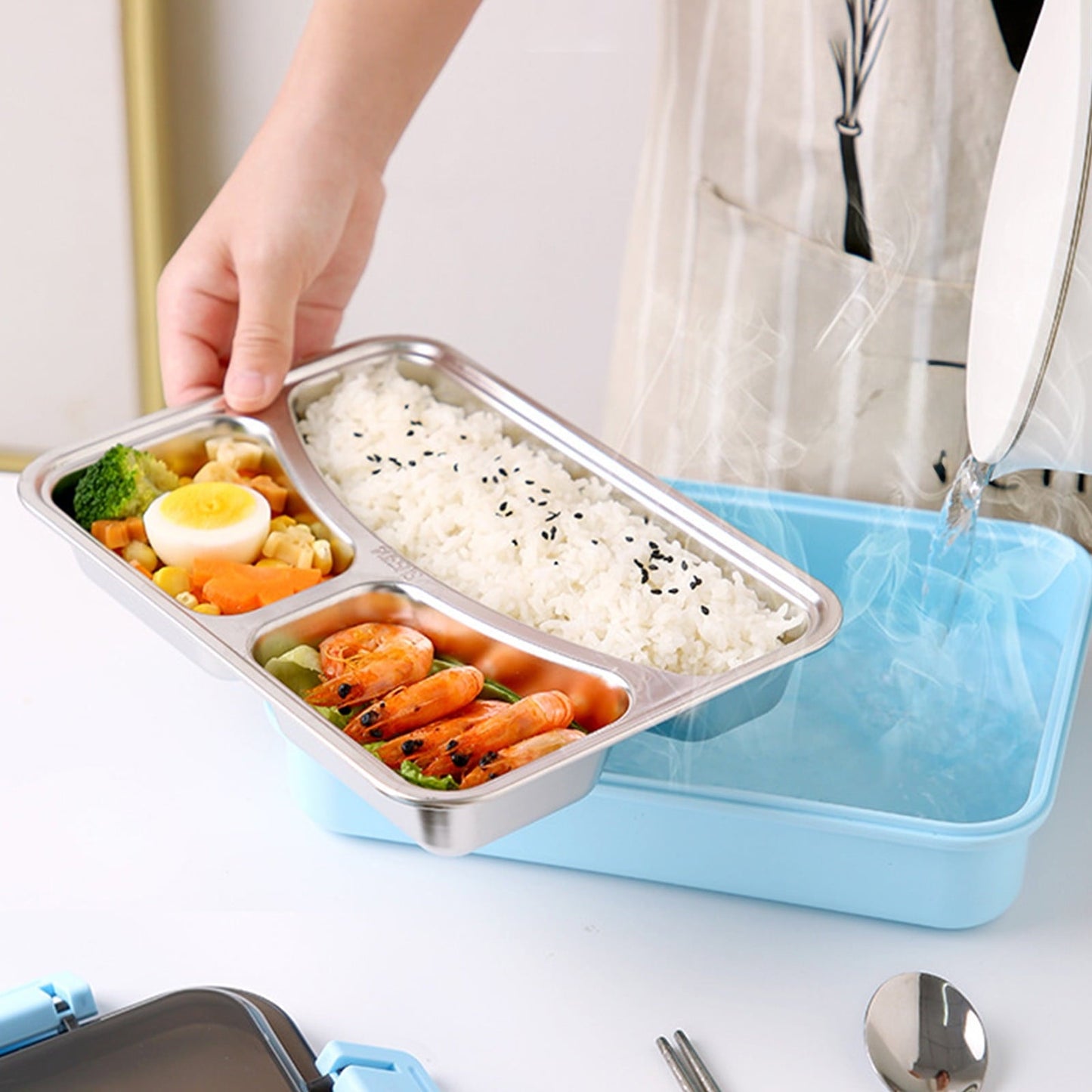 Xuniizn Bento Box Adult Lunch Box, Containers for Adults Men Women, Lunchable Food Container with Utensils, Sauce Jar, Muffin Liners, Microwave & Dishwasher Safe Blue#6