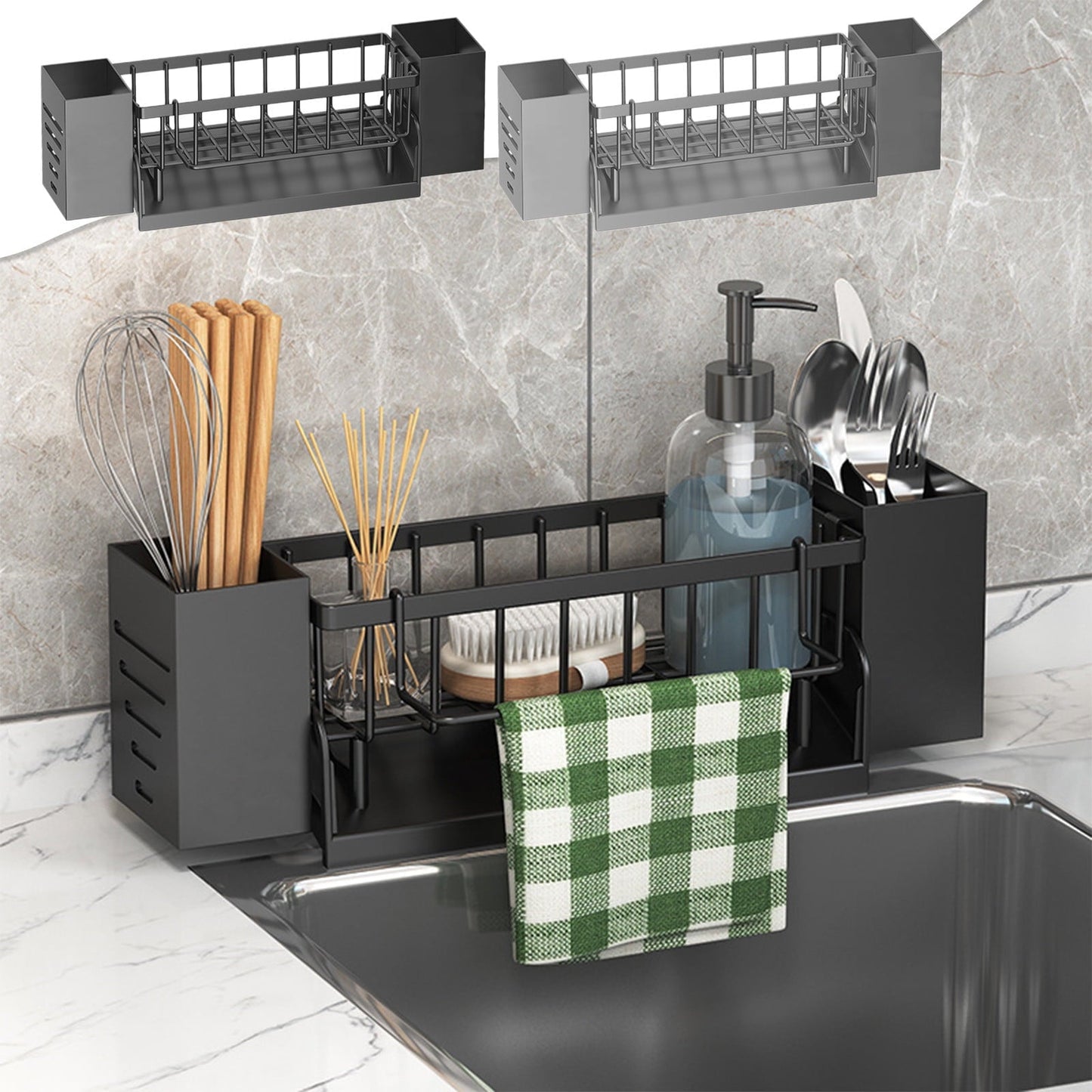 Xuniizn Pantry Organizers and Storage - Kitchen Organizers and Storage Rack, Sink Countertop Multifunctional Holder for Rags, Chopsticks, Knives & Forks - Kitchen Organization & Storage Solution Black