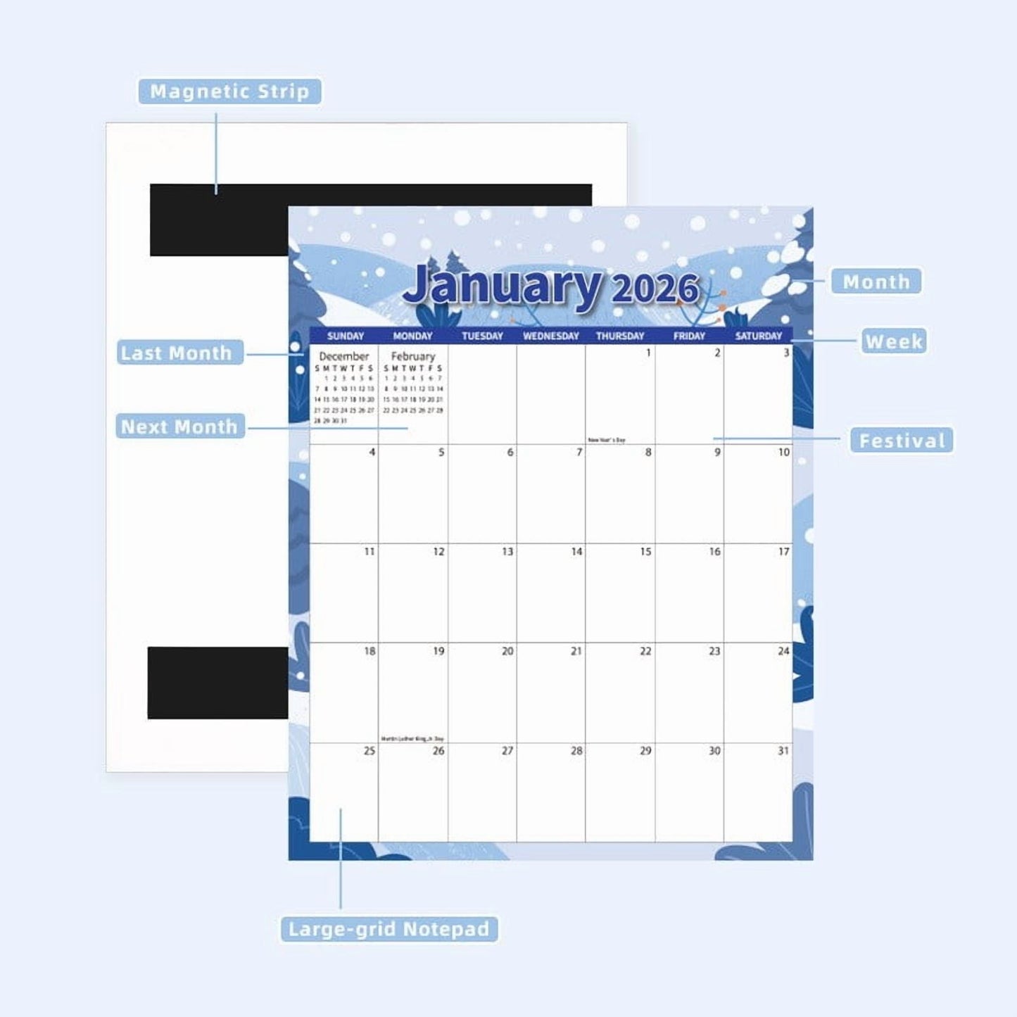 Tyidzon Magnetic Calendar for Refrigerator 2026-2027, 12x10" 18 Month Runs Monthly Fridge Calendar Magnet from Jan 2026 to Jun 2027 for Home School Office Snow