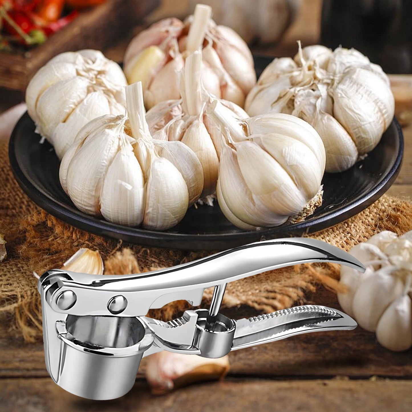 Stainless Steel Garlic Press Rocker, Garlic Mincer With Studs, Heavy Duty Garlic Chopper, Effective Garlic Peeler, Easy to Clean Kitchen Gadget for Minced Garlic, Dishwasher Safe 【500+ bought since yesterday】B
