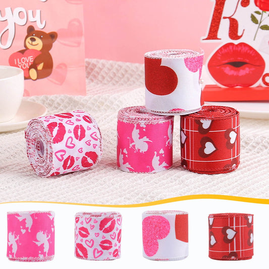 Wzzjkit Valentine Wired Ribbon Heart Love Themed Fabric Ribbons for Gifts Wrapping Crafts Wreath Bow Decorations C.