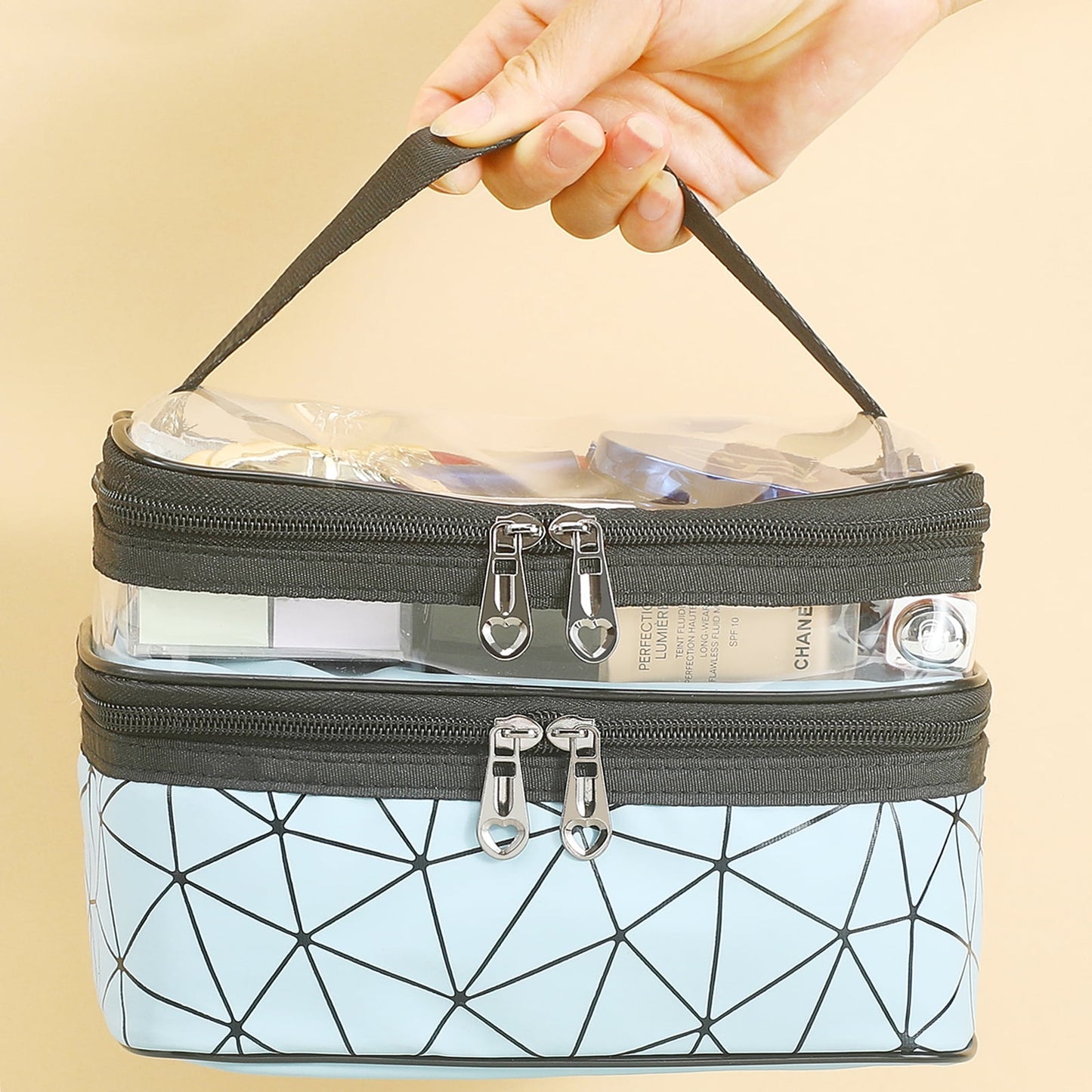 Meiyuuo Makeup Bag Cosmetic Bag Travelling Double Layer Make Up Bag Organizer Medium Case for Women Girls Reusable Toiletry Bags(Blue) Blue