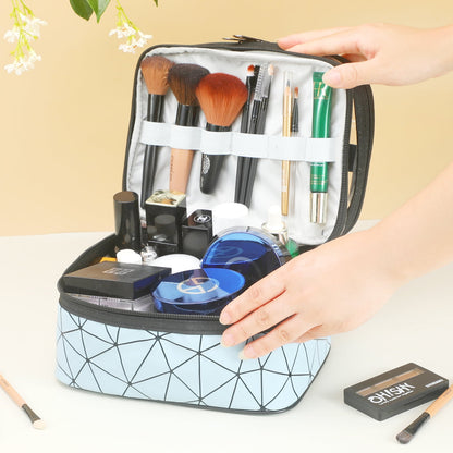 Meiyuuo Makeup Bag Cosmetic Bag Travelling Double Layer Make Up Bag Organizer Medium Case for Women Girls Reusable Toiletry Bags(Blue) Blue