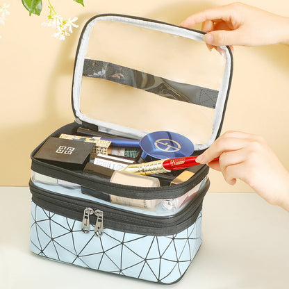 Meiyuuo Makeup Bag Cosmetic Bag Travelling Double Layer Make Up Bag Organizer Medium Case for Women Girls Reusable Toiletry Bags(Blue) Blue