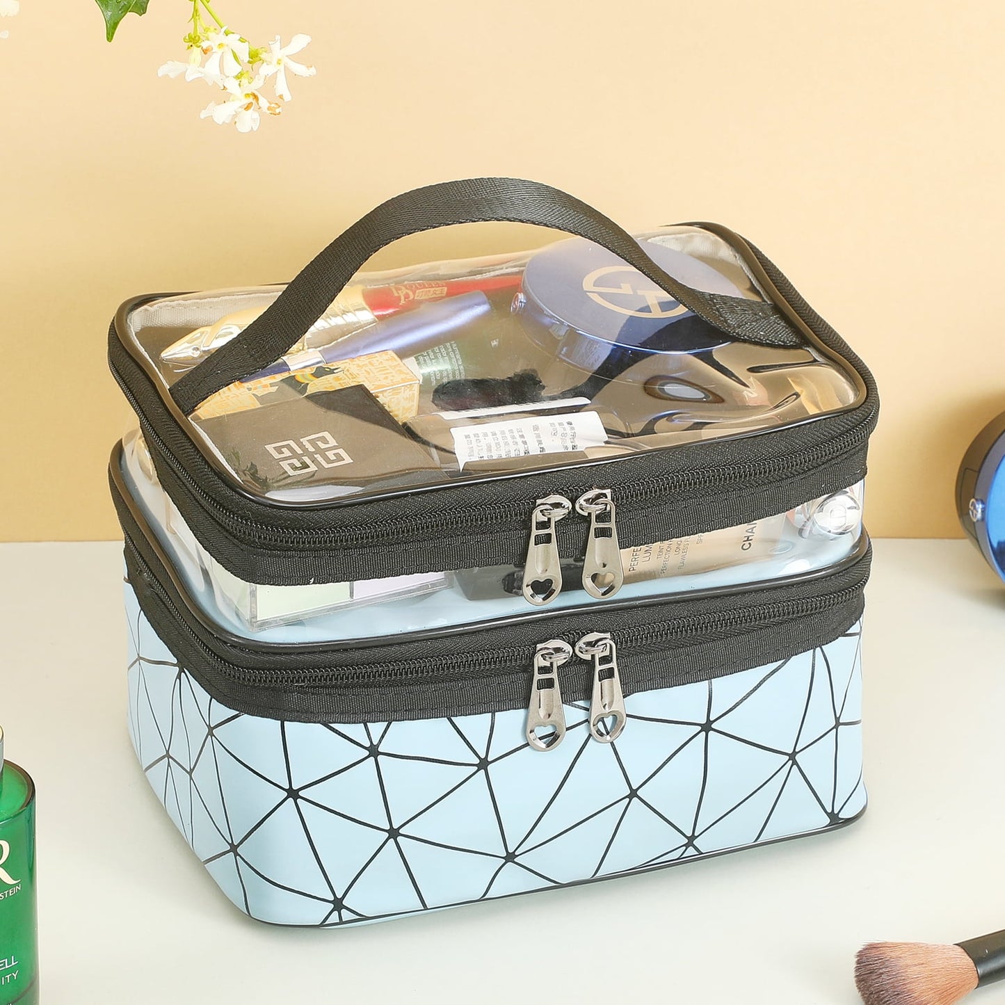 Meiyuuo Makeup Bag Cosmetic Bag Travelling Double Layer Make Up Bag Organizer Medium Case for Women Girls Reusable Toiletry Bags(Blue) Blue