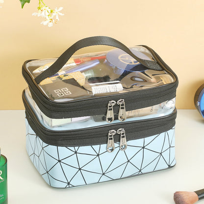 Meiyuuo Makeup Bag Cosmetic Bag Travelling Double Layer Make Up Bag Organizer Medium Case for Women Girls Reusable Toiletry Bags(Blue) Blue