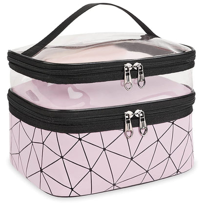 Meiyuuo Makeup Bag Cosmetic Bag Travelling Double Layer Make Up Bag Organizer Medium Case for Women Girls Reusable Toiletry Bags(Blue) Dark Black