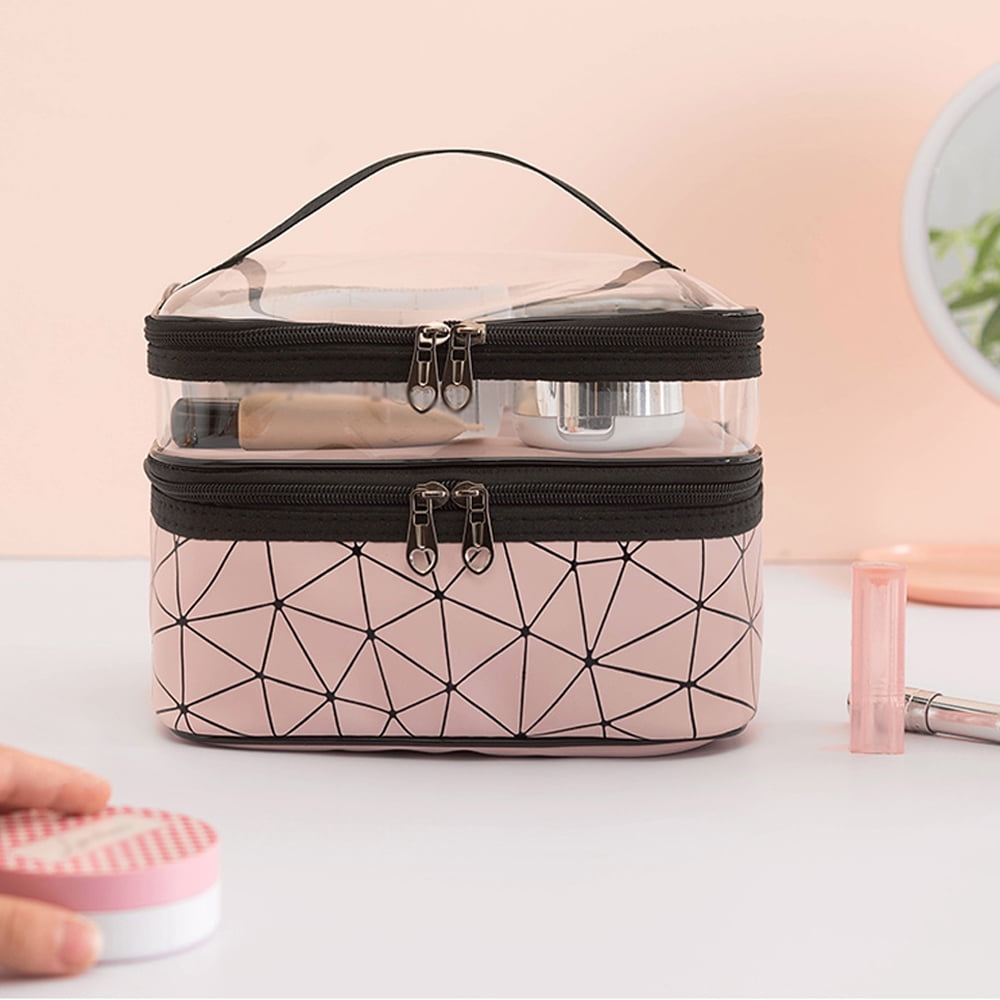 Meiyuuo Makeup Bag Cosmetic Bag Travelling Double Layer Make Up Bag Organizer Medium Case for Women Girls Reusable Toiletry Bags(Blue) Dark Black
