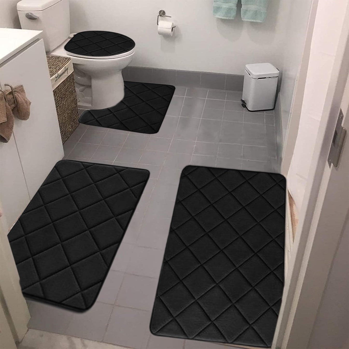 Clearance Tyidzon Bathroom Rugs 4 Piece Ultra Soft & Non-Slip Memory Foam Bath Mats for Bathroom, Absorbent Quick-Drying Bath Mats for Shower Bathroom Floor Rugs Black