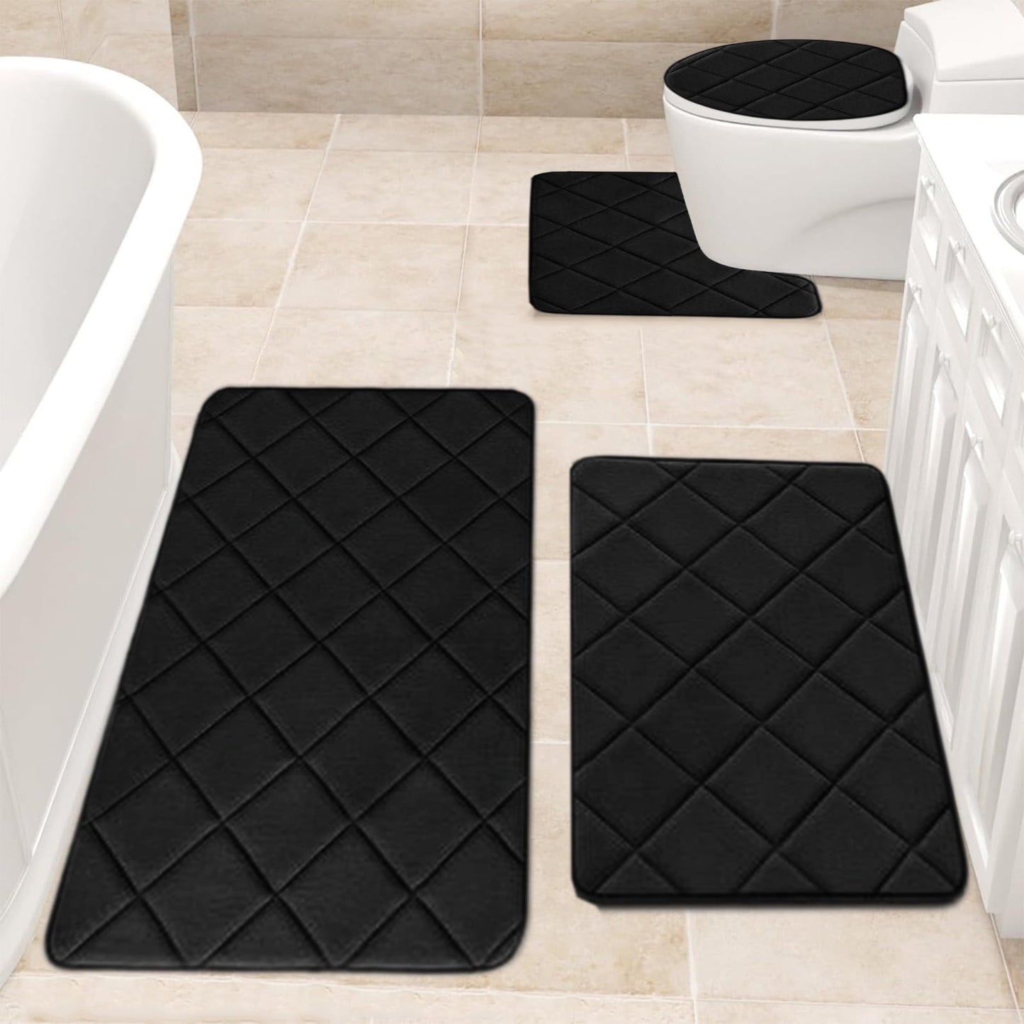 Clearance Tyidzon Bathroom Rugs 4 Piece Ultra Soft & Non-Slip Memory Foam Bath Mats for Bathroom, Absorbent Quick-Drying Bath Mats for Shower Bathroom Floor Rugs Black