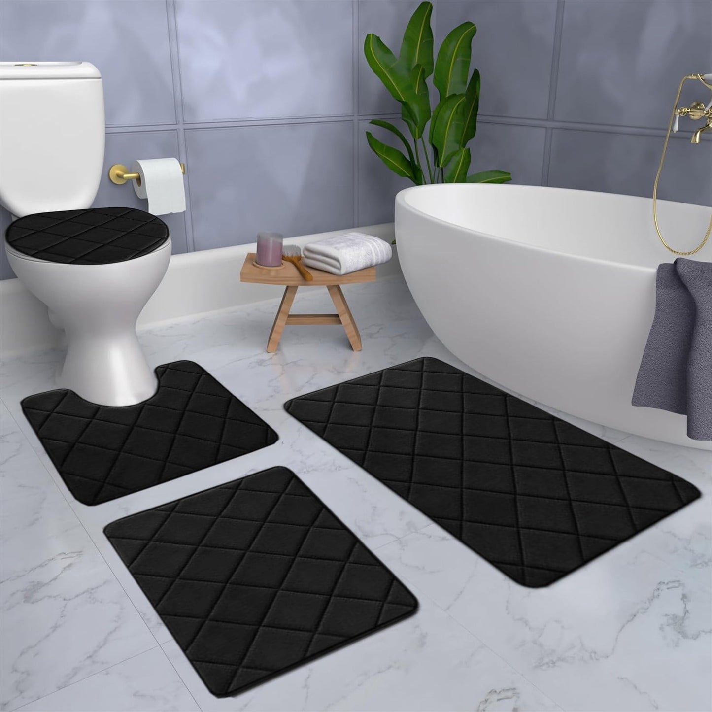 Clearance Tyidzon Bathroom Rugs 4 Piece Ultra Soft & Non-Slip Memory Foam Bath Mats for Bathroom, Absorbent Quick-Drying Bath Mats for Shower Bathroom Floor Rugs Black