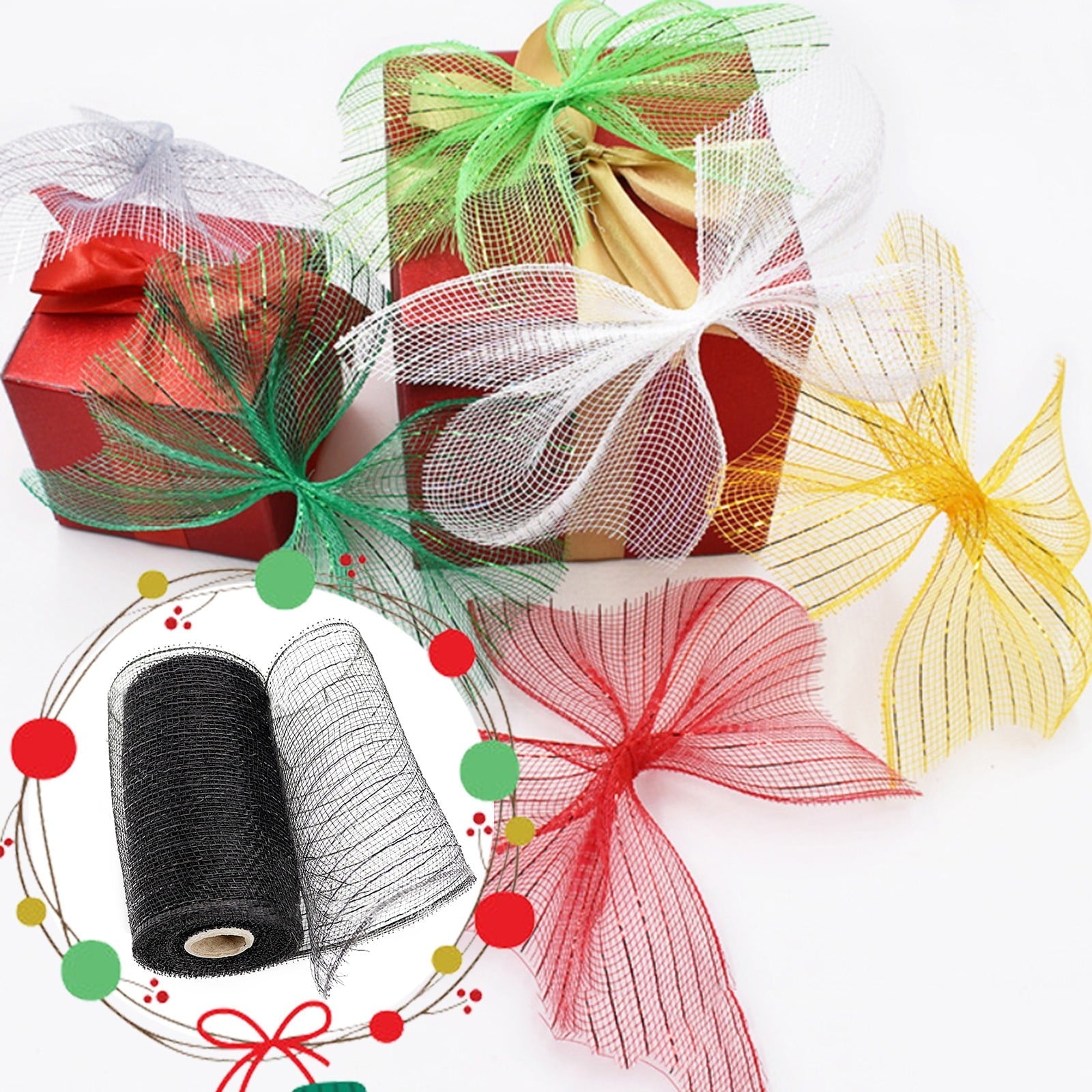 JWDX Gift Yarn Clearance, Packaging Ribbon, Poly Mesh Ribbon with Metallic Foil Each Roll for Wreaths Swags Bows Wrapping and Decorating J.