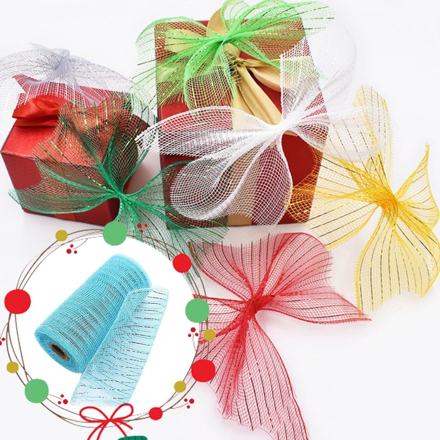 JWDX Gift Yarn Clearance, Packaging Ribbon, Poly Mesh Ribbon with Metallic Foil Each Roll for Wreaths Swags Bows Wrapping and Decorating K.