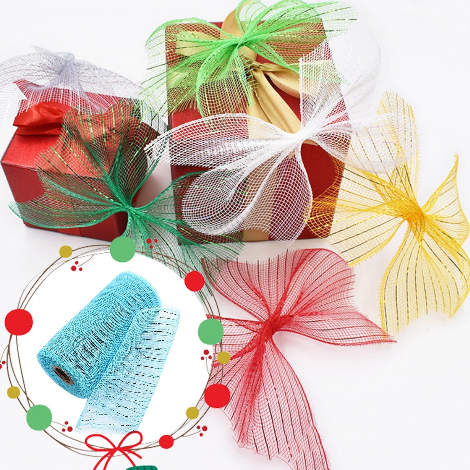 JWDX Gift Yarn Clearance, Packaging Ribbon, Poly Mesh Ribbon with Metallic Foil Each Roll for Wreaths Swags Bows Wrapping and Decorating K.