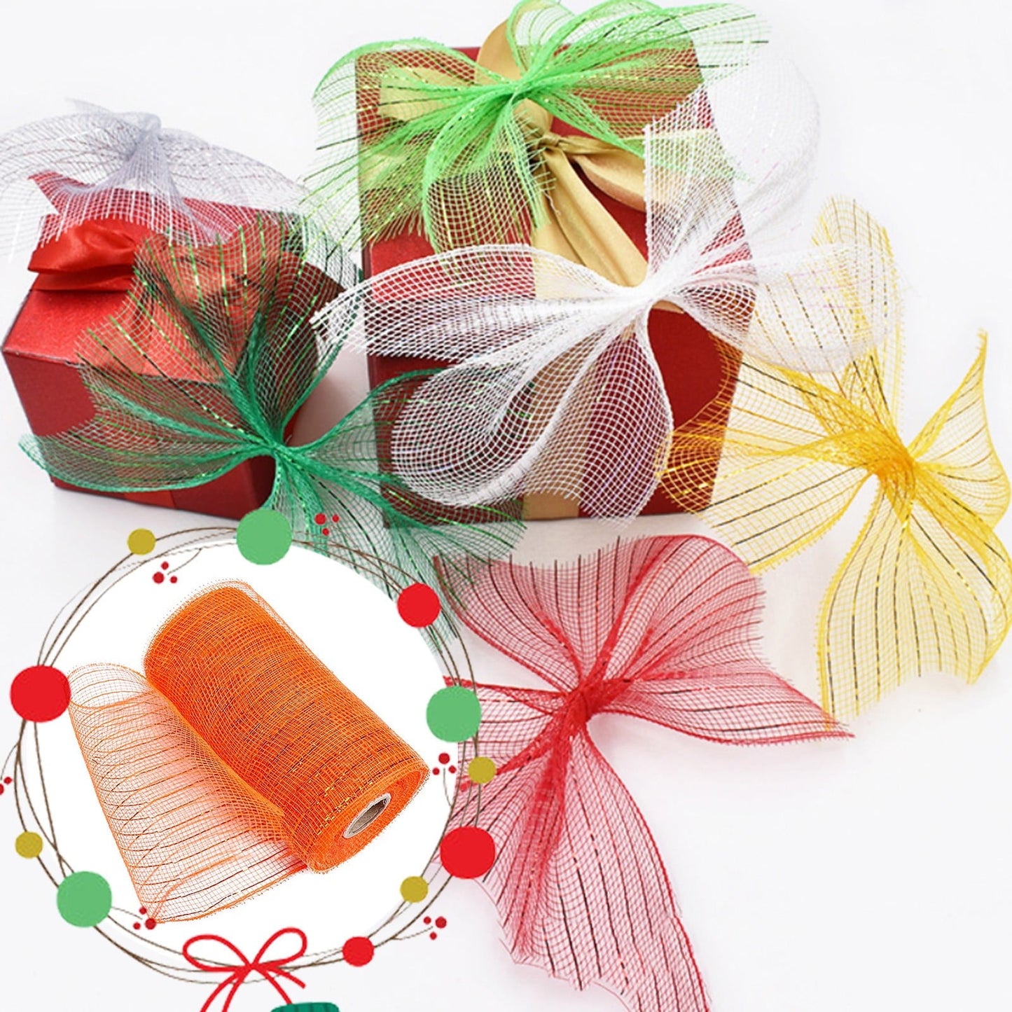 JWDX Gift Yarn Clearance, Packaging Ribbon, Poly Mesh Ribbon with Metallic Foil Each Roll for Wreaths Swags Bows Wrapping and Decorating N