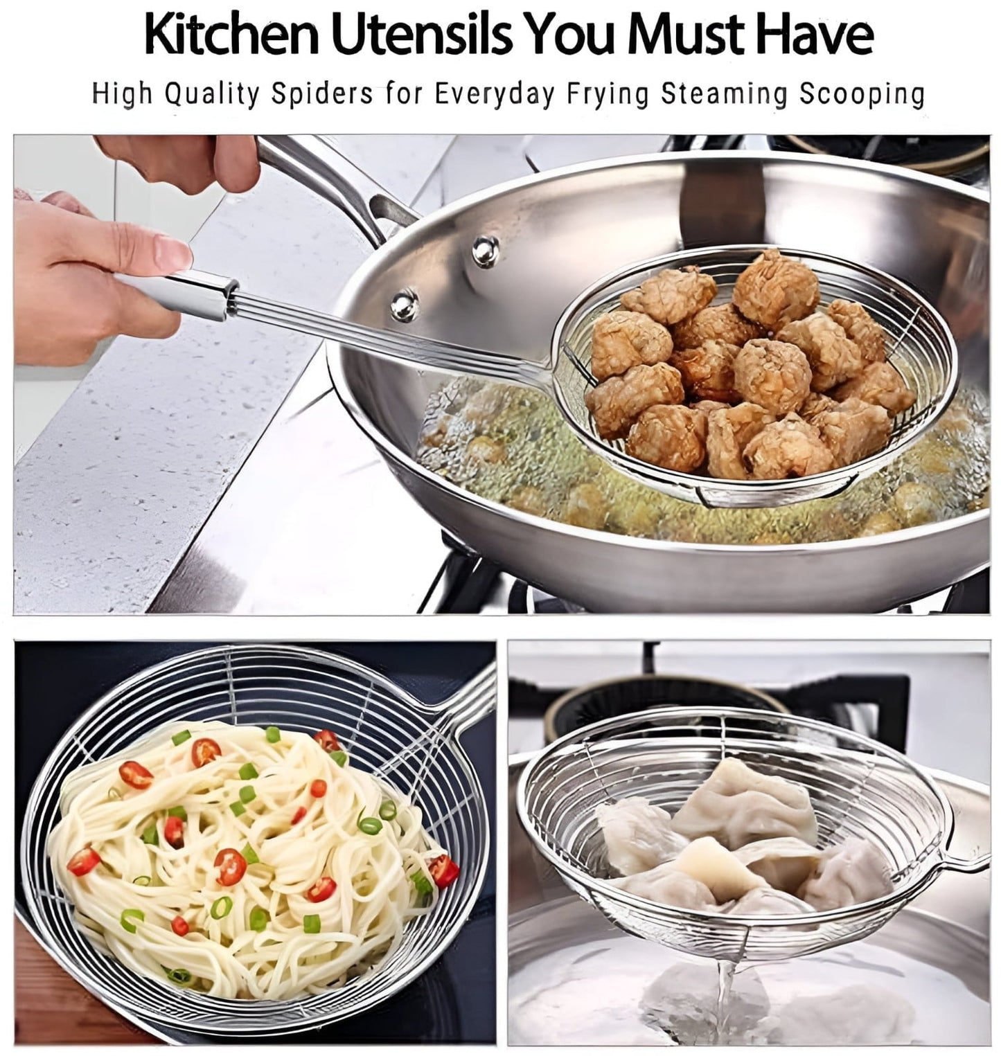 JWDX Strainers Clearance, Stainless Strainer for Cooking and Frying Kitchen Utensils Wire Strainer Pasta Strainer Spoon As shown