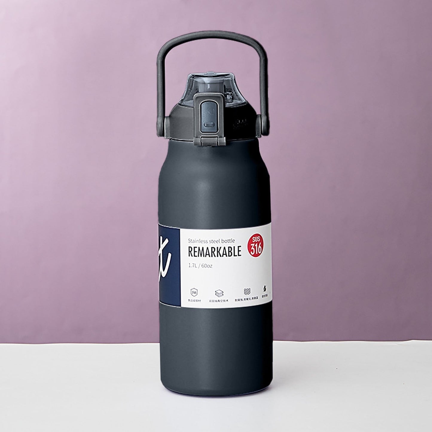 JWDX Glass and Bottle Clearance, Stainless Thermal Water Bottle Thermoses Vacuum Flask with Tumbler Portable Cold Hot Drinks Cup Fitness Cute (Size : 1300Ml) Black