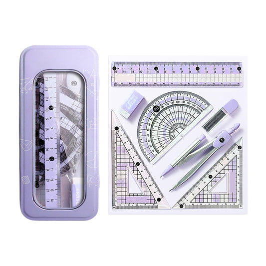 Grrvtrz Ruler,Avoid Myopia Math Geometry Kit 8 Piece Supplies Set with Shatterproof Storage Box Including Ruler Protractor Eraser Lead Leads Pencils for,ice Supplies,Stationery 7.09*3.15*1.57 Purple