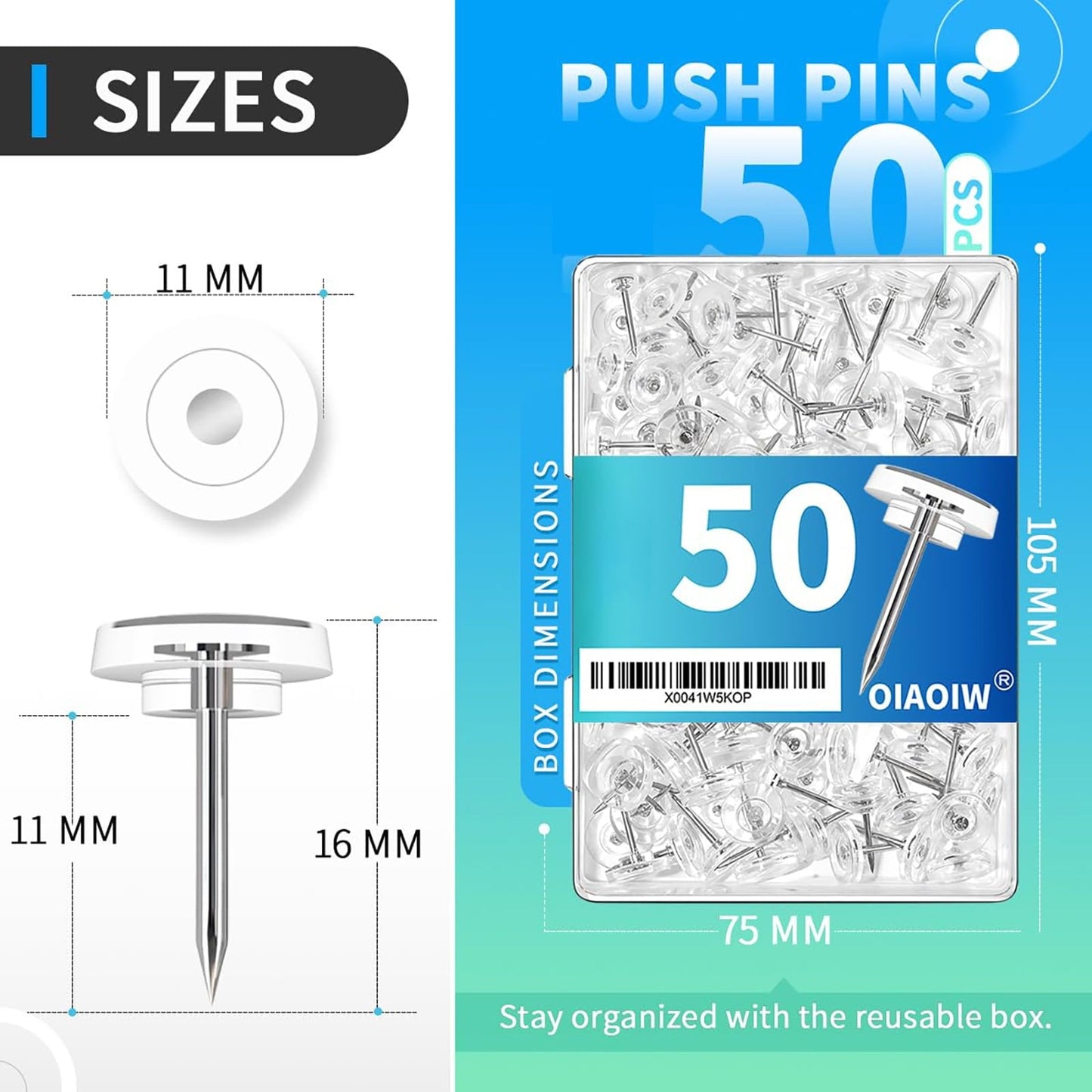 JWDX Hot Clearance! Clear Push Pins Count in Reusable Box for Bulletin Boards and Wall Displays Plastic Head, American Pushpins*1 Box American pushpins Clear