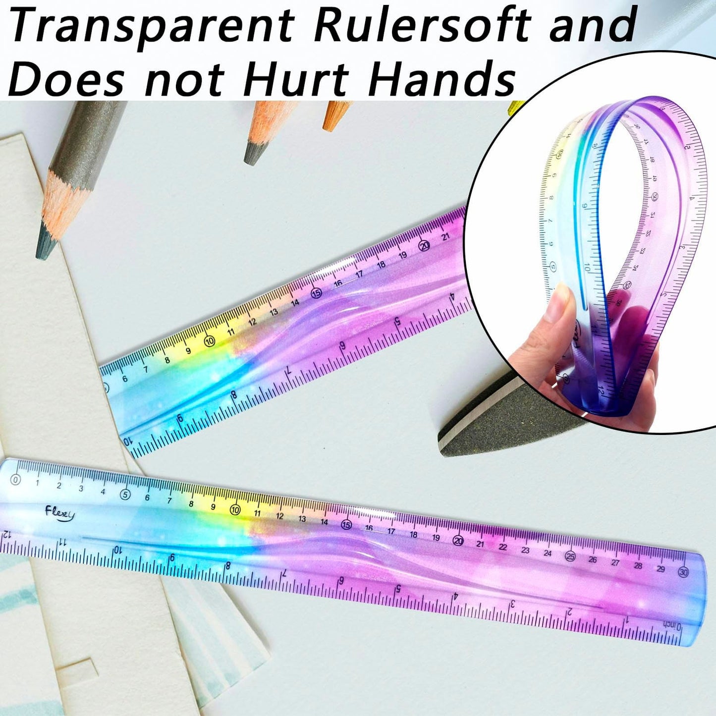 JWDX Hot Clearance! 12 Inch Flexible Ruler Bendable Plastic Ruler Soft Bendable Gradient Colour Rulers with Centimeters and Inches for stǔdənt Schǒ-ǒl Classroom, 1 30Cm Colorful Flexible Ruler Colorful flexible ruler Light blue