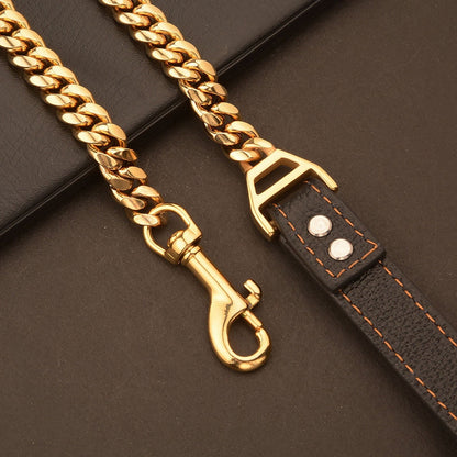 LGCASL Traction Leash Leather Strong Metal Stainless Pet Chain for Dog Black