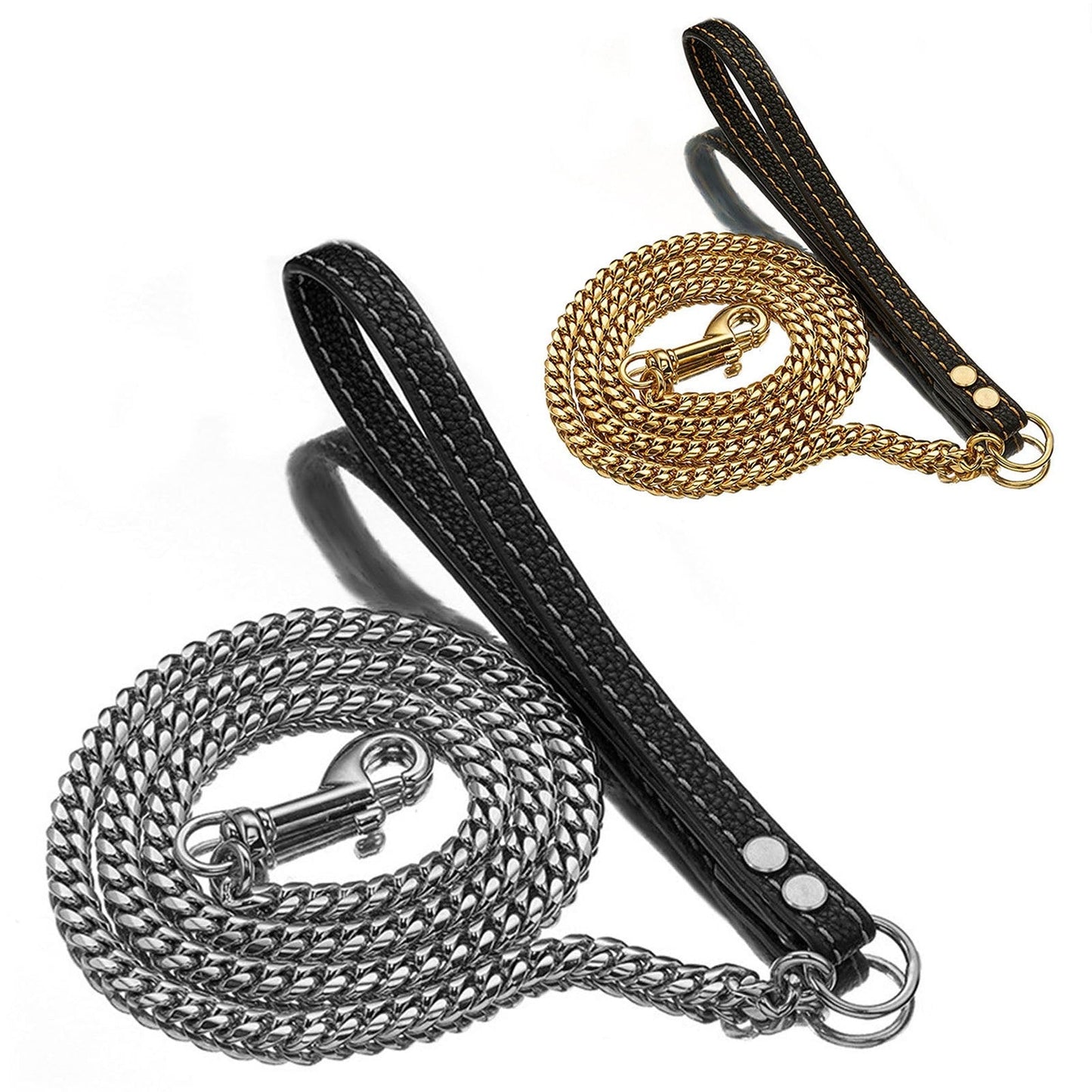 LGCASL Traction Leash Leather Strong Metal Stainless Pet Chain for Dog Black