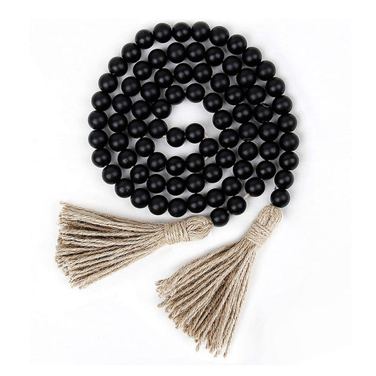 Clearance! JWDX Twine Beaded, Desktop Ornament Promotion, 58In Wood Bead Garland with Tassels Farmhouse Beads Rustic Nature Country Decor Prayer Boho Beads Wall Hanging Decoration Beige Black