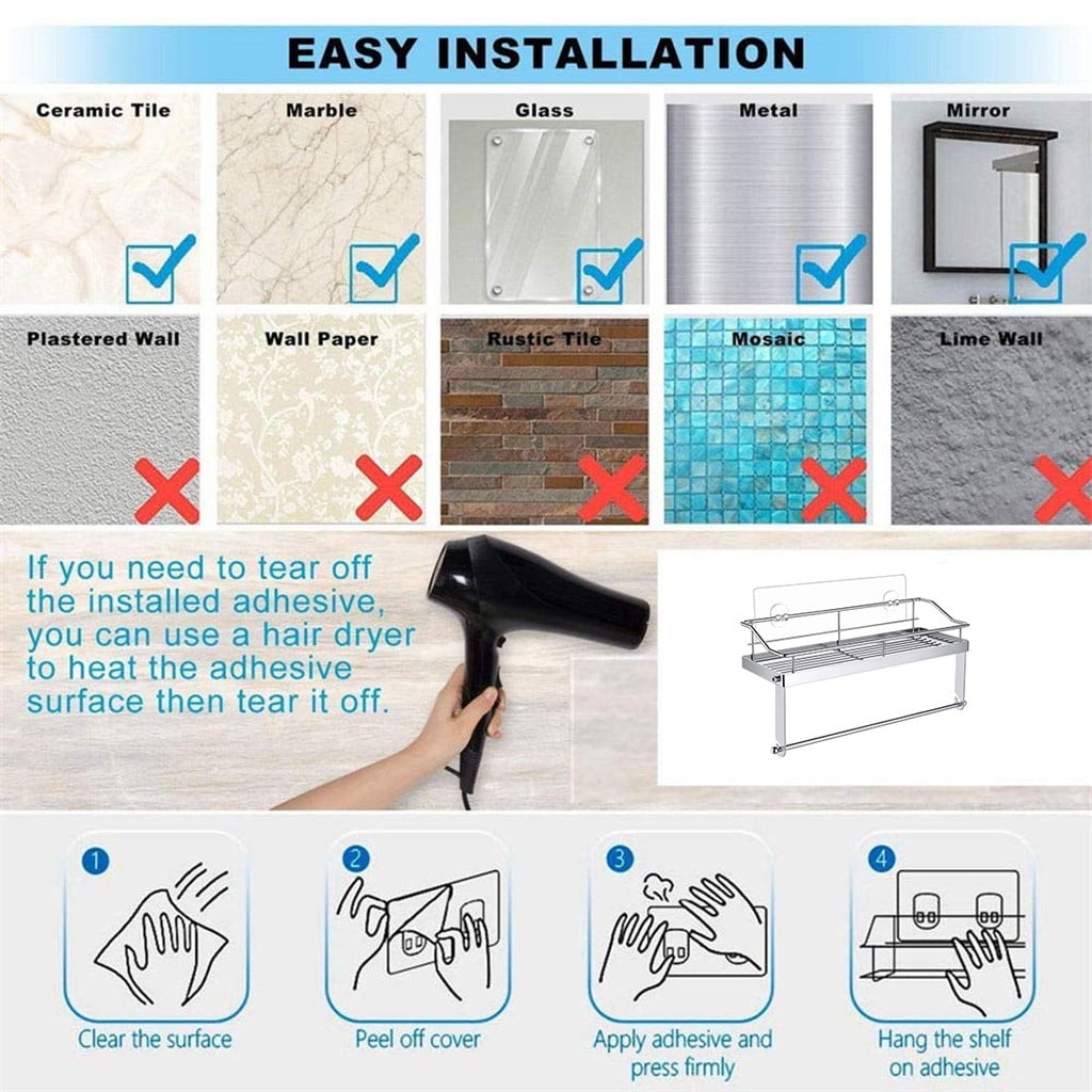 JWDX Rack Clearance! with Shelf Basket Holder Wall Towel for Kitchenbathroom Storage Paper Adhesive Bathroom Products, Brush Shelf Promotion Include Shelf, 2 Films Silver
