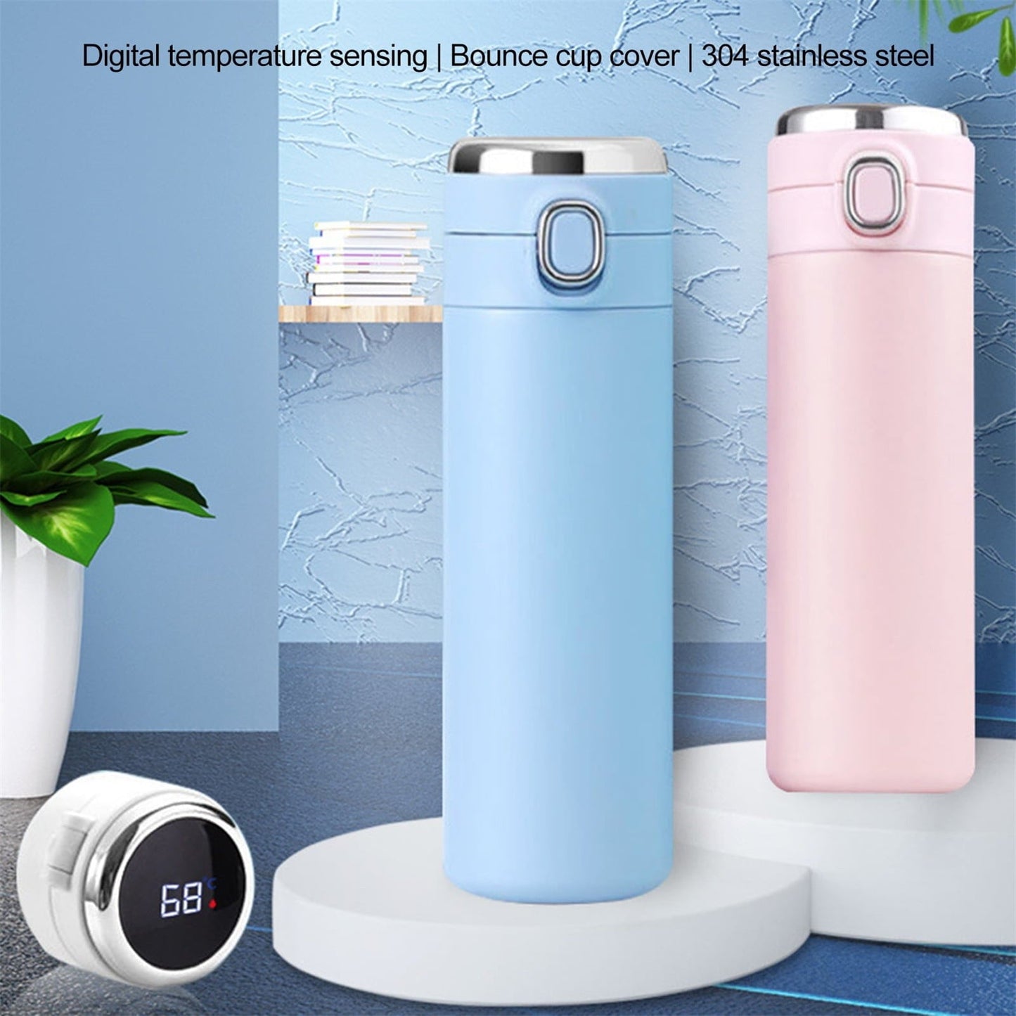JWDX Glass and Bottle Clearance! Stainless Steel Flask Vacuum Insulated Cup Drinking Bottle 350/420 Ml Led Screen Temperature Display Flask Water Bottle Perfect for Home Travel, Include Cup*1 Blue