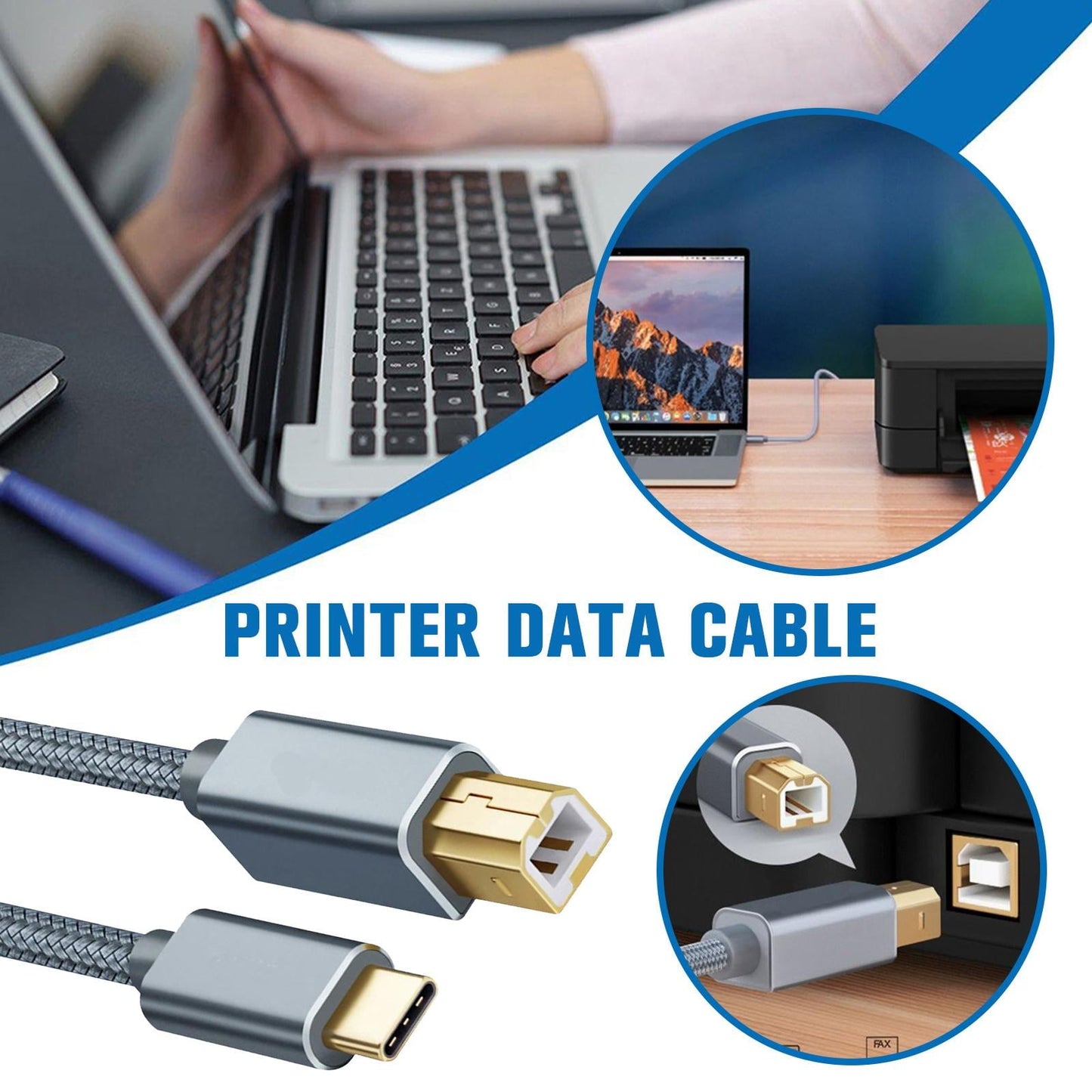 Wmool USB Type-C to USB B 2.0 Printer Cable Scanner Laptop; Gray.