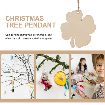 Ortofally 20pcs Four Leaf Ornaments Hanging Decor Unfinished Wooden Ornaments Wooden Shamrock Cutouts Wooden Slices Party Favors for DIY Crafts Beige