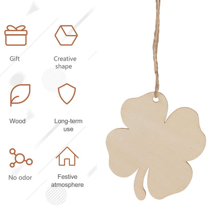 Ortofally 20pcs Four Leaf Ornaments Hanging Decor Unfinished Wooden Ornaments Wooden Shamrock Cutouts Wooden Slices Party Favors for DIY Crafts Beige