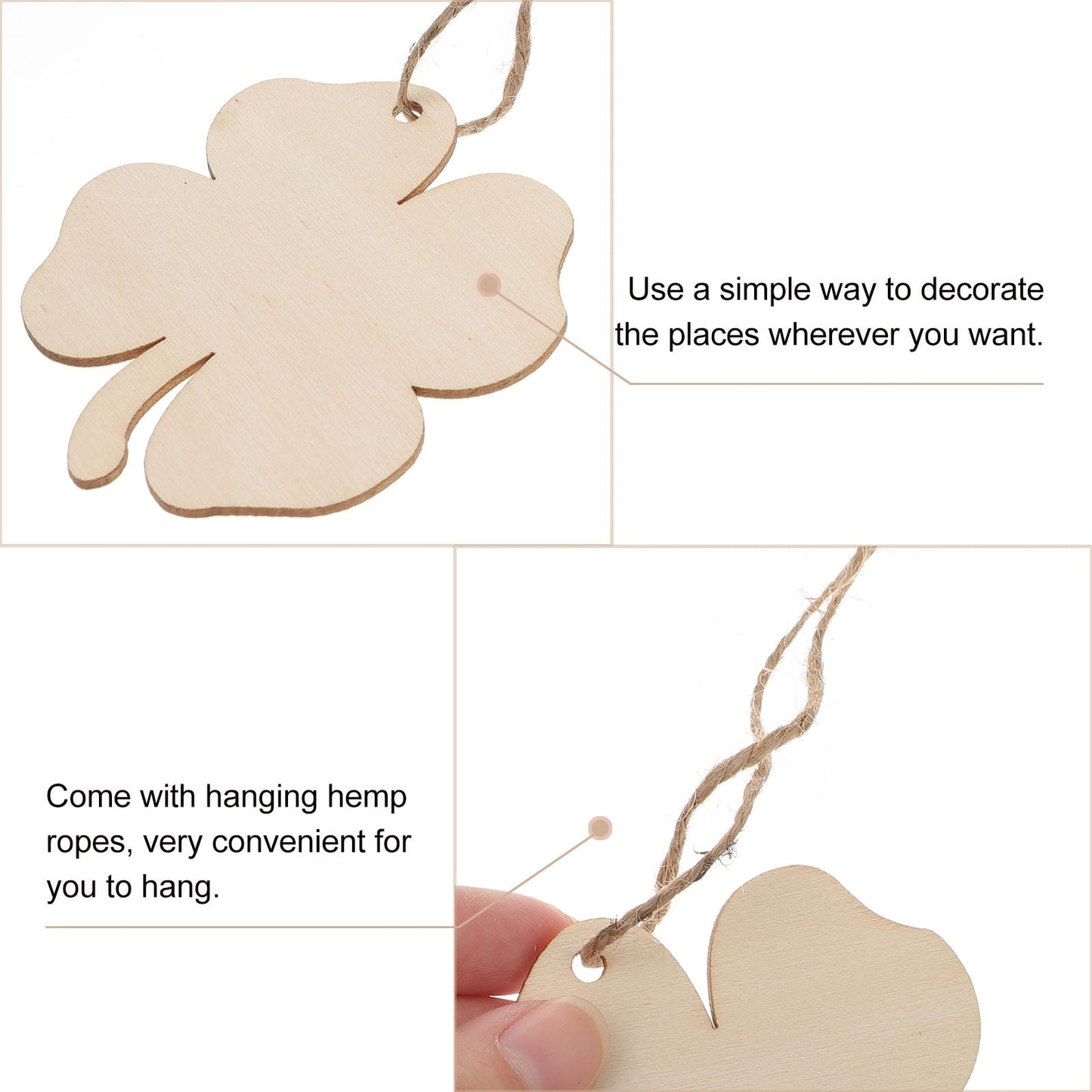 Ortofally 20pcs Four Leaf Ornaments Hanging Decor Unfinished Wooden Ornaments Wooden Shamrock Cutouts Wooden Slices Party Favors for DIY Crafts Beige