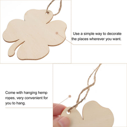 Ortofally 20pcs Four Leaf Ornaments Hanging Decor Unfinished Wooden Ornaments Wooden Shamrock Cutouts Wooden Slices Party Favors for DIY Crafts Beige