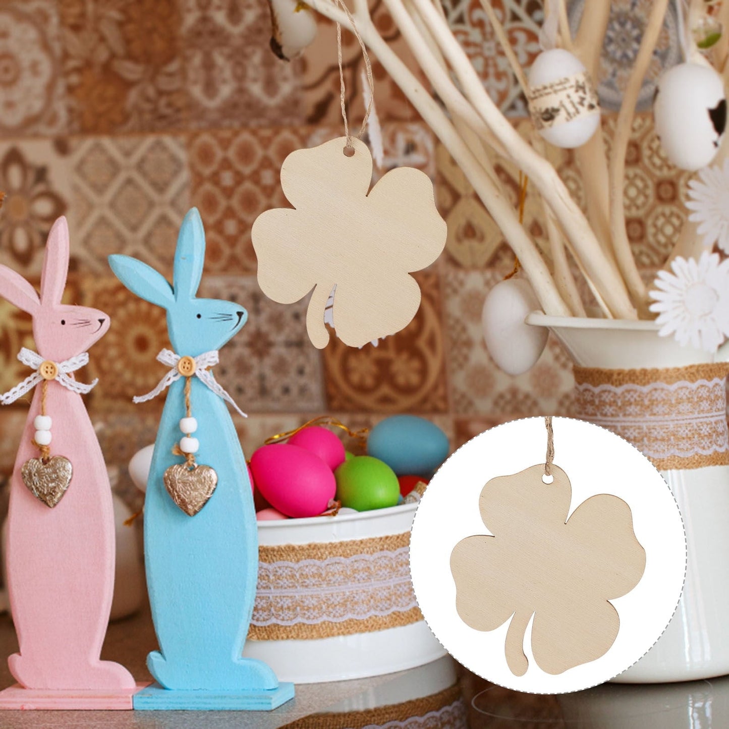 Ortofally 20pcs Four Leaf Ornaments Hanging Decor Unfinished Wooden Ornaments Wooden Shamrock Cutouts Wooden Slices Party Favors for DIY Crafts Beige