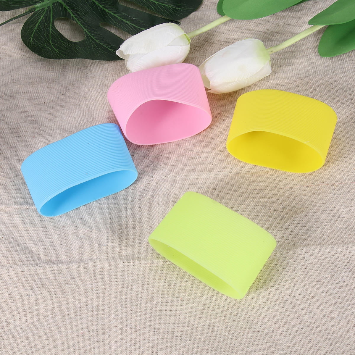 Worgeous 4pcs Silicone Heat resistant Cup Sleeves Non slip Protective Water Glass Covers for Bottles and Mugs (Green Light Blue Pink Yellow)