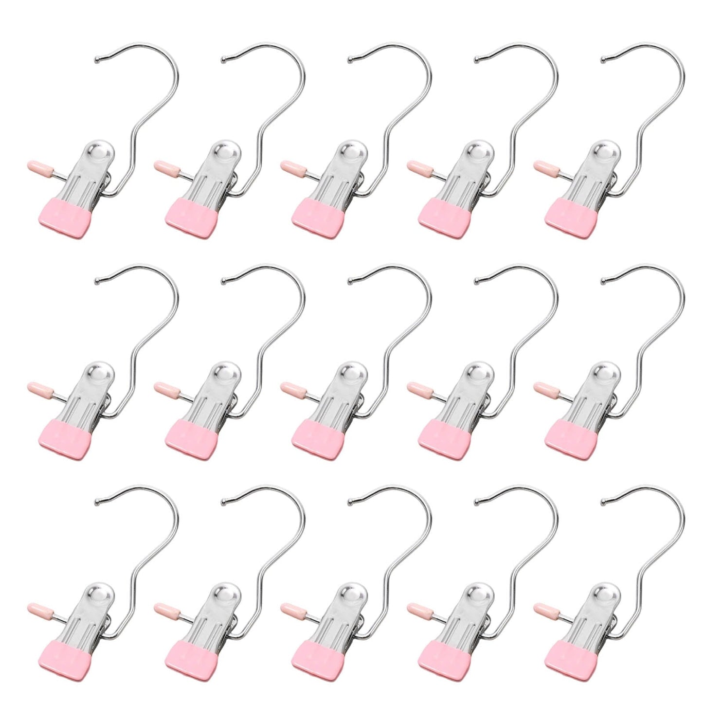 Clothes Pins, 15 Pack Hanger Hooks, Stainless Steel Laundry Clips, Travel Hangers, Towel Clips, Legging Organizer for Closet Hanging, Space Saving Hanger Clips for Pants, Jeans, Hats, Boot Silver